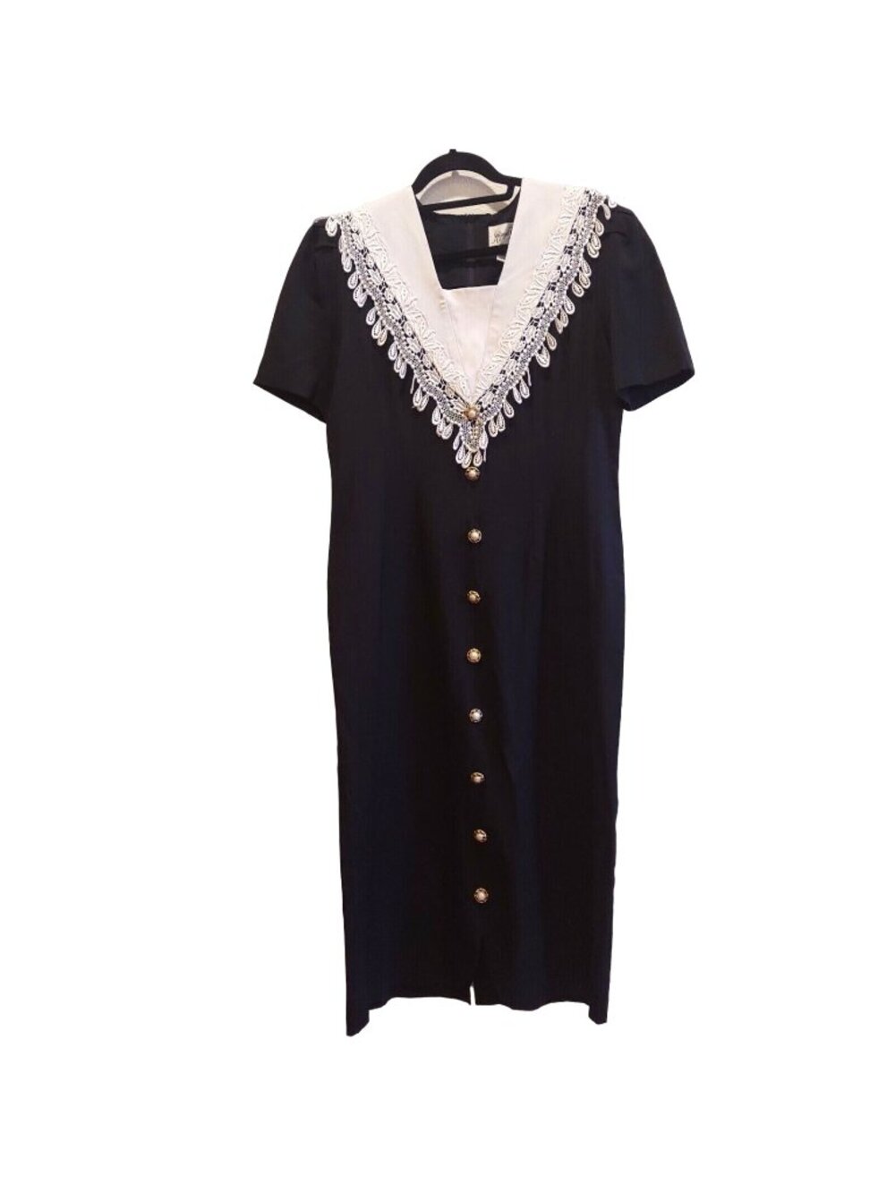 VTG Midi Womens 10 Black dress softgirl Lace pearl button cottagecore wedding